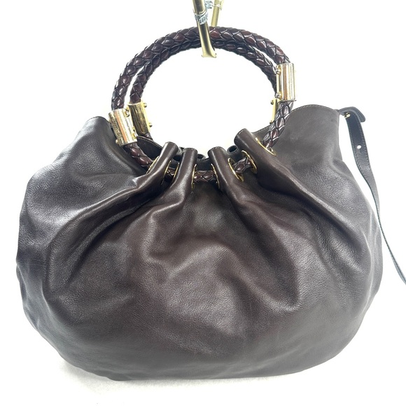 Michael Kors Brown Leather Medium Hobo Shoulder Bag Round Woven Handles Grommets - Picture 5 of 11